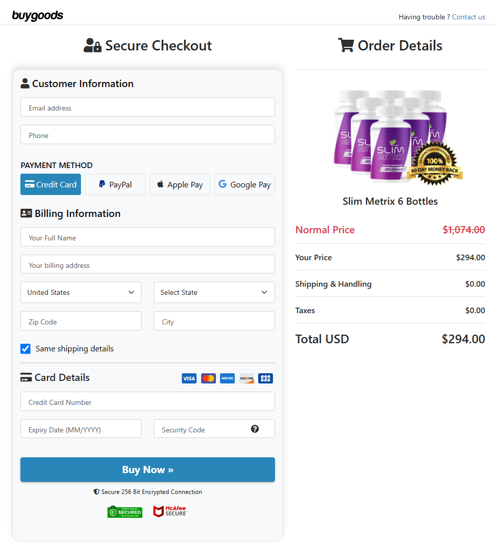 SlimMetrix Secure Checkout Page
